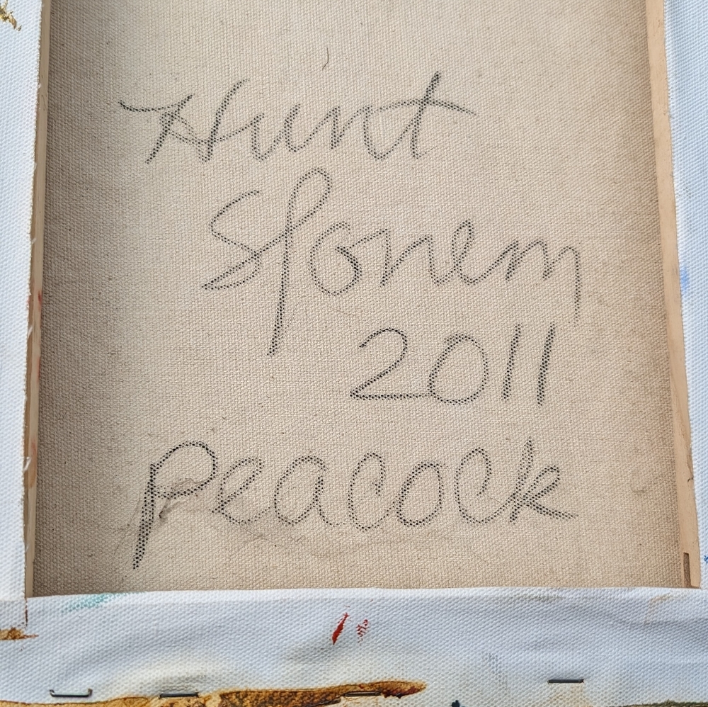 Oil on canvas peacock painting by Hunt Slonem.  11" x 14".  Painted 2011. - Picture 9 of 15